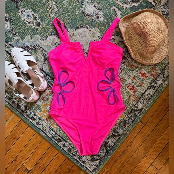 Pink One-Piece Swimsuit with Purple Flowers cutouts - Picture 1 of 6